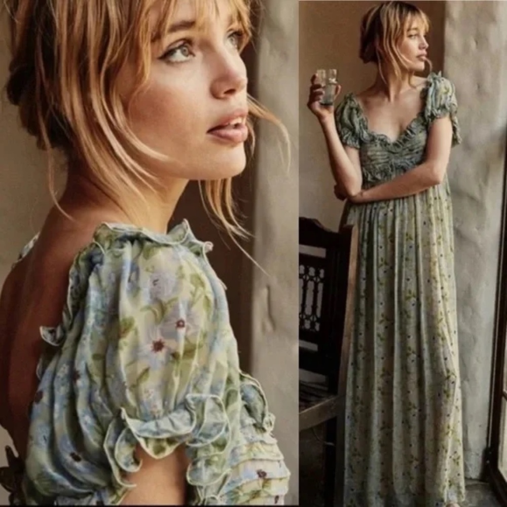 DÔEN Drew Silk Maxi Dress in Green Strawberry Moon Floral, Size Large